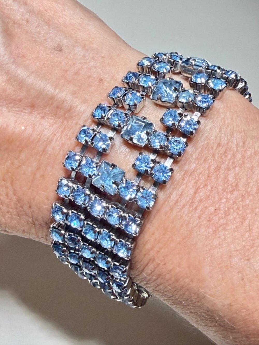 Vintage Silver‎ Tone Blue Rhinestone Statement Wide Bracelet 7"